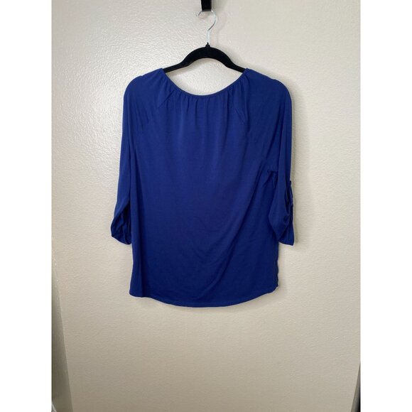 St Johns Bay Womens 3/4 Sleeve Embroidered Blouse M Relaxed Fit Blue Polyester - Picture 2 of 6